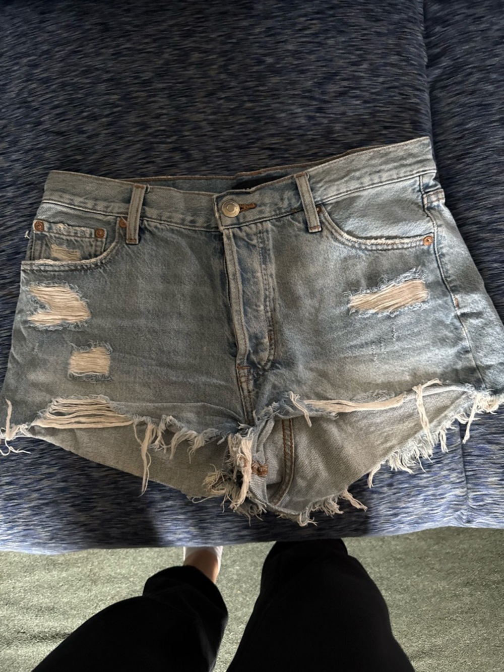 Distressed Light Blue Denim Jean Shorts with Frayed Hem